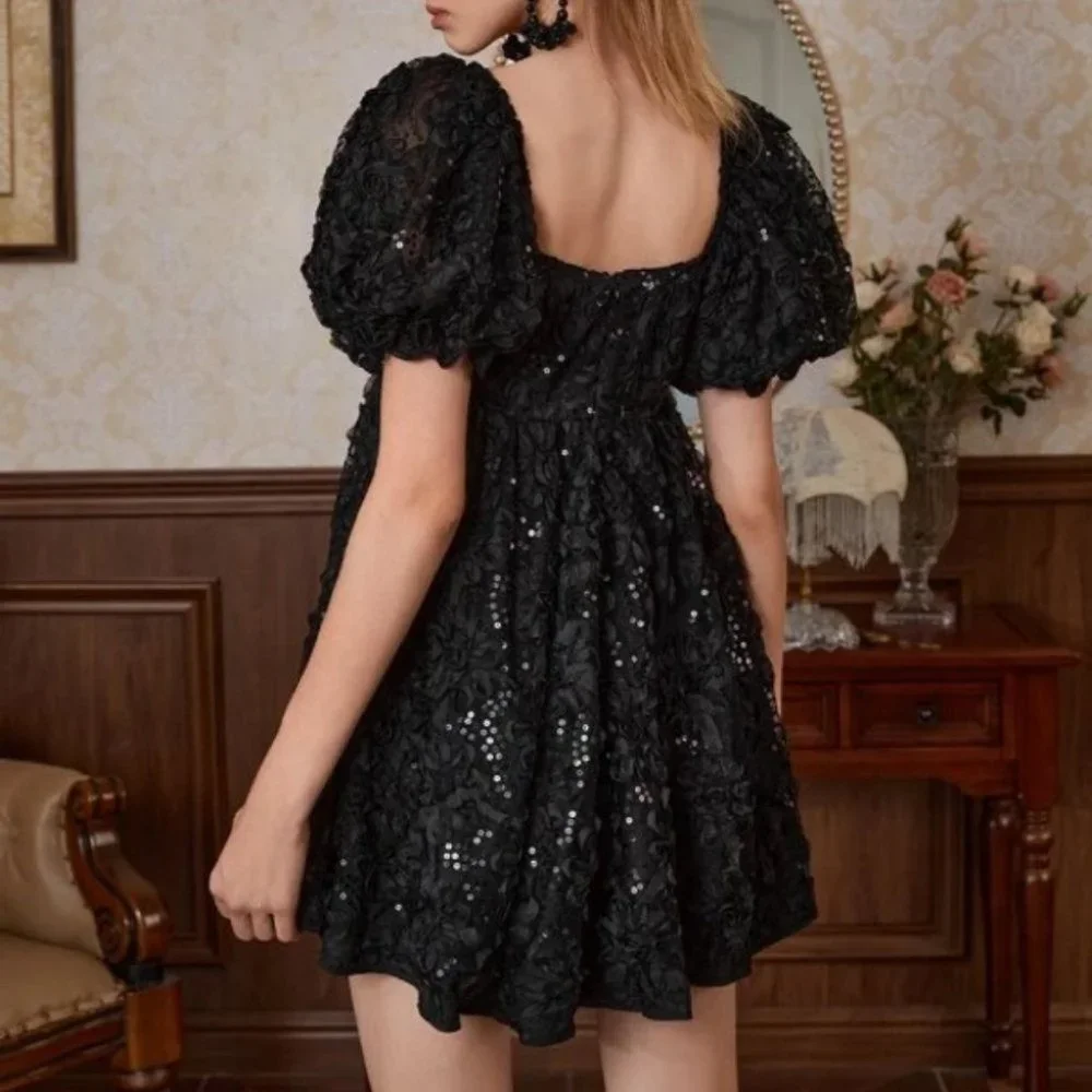 Short Puff Sleeve Square NeckLine A-line Mini Dress Black - Picture 3 of 7